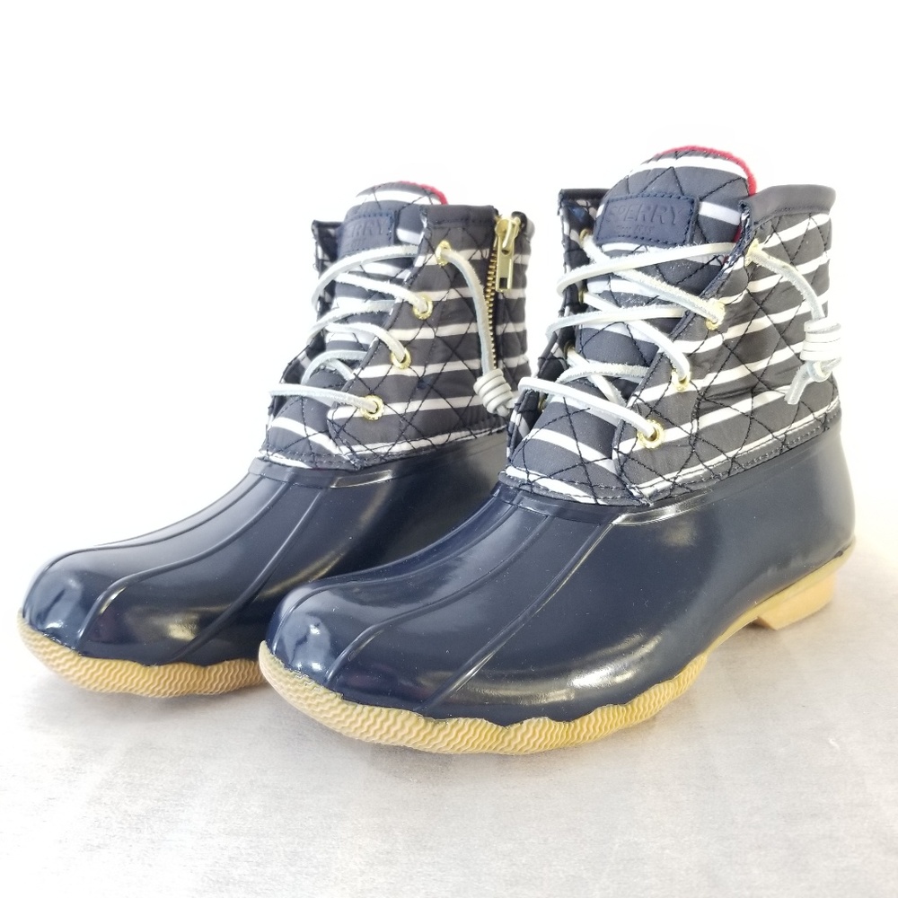Sperry Saltwater Indigo Striped Duck Boots 5.5